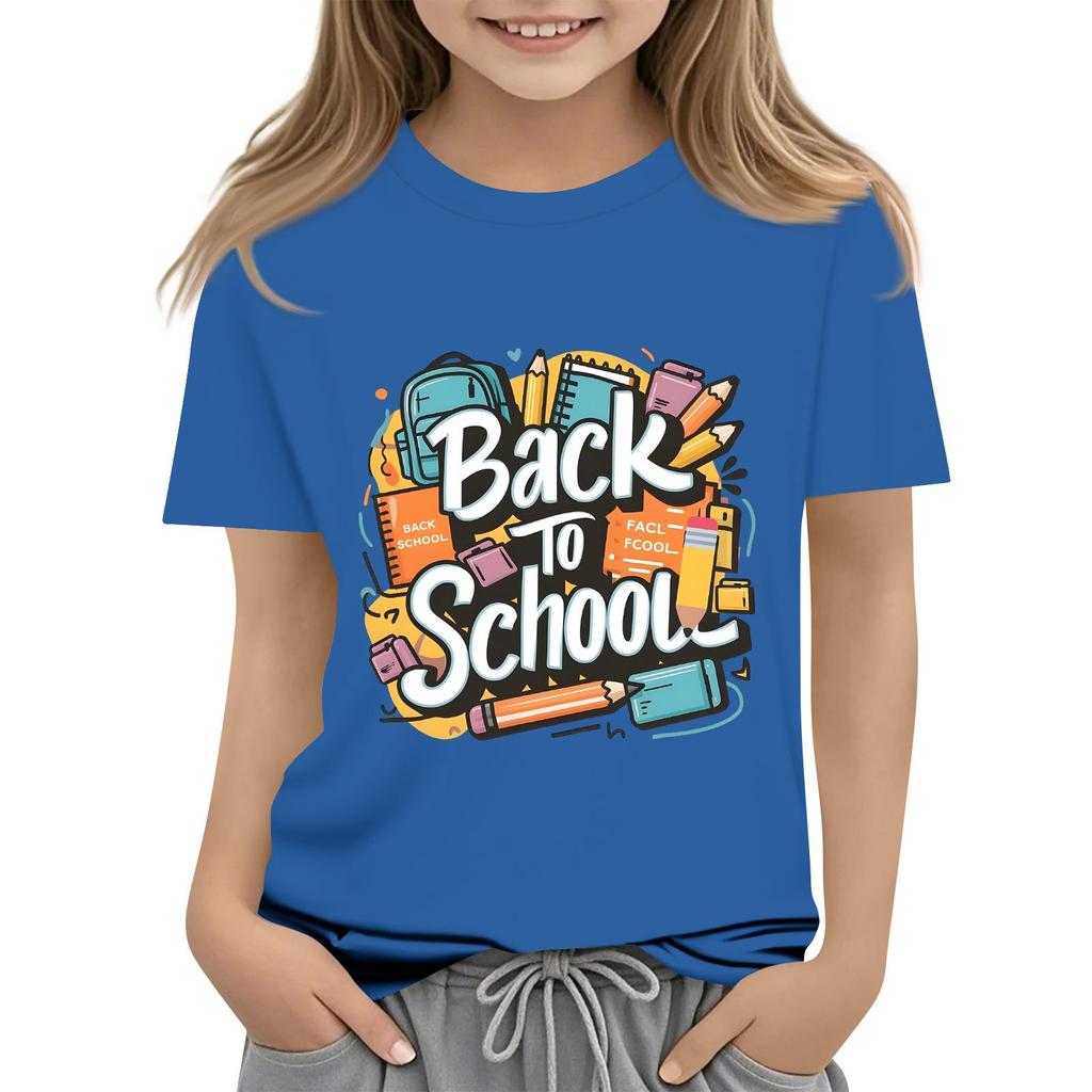 Children's Casual and Fashionable Round-Neck Printed Short-Sleeve Top for Back-to-School