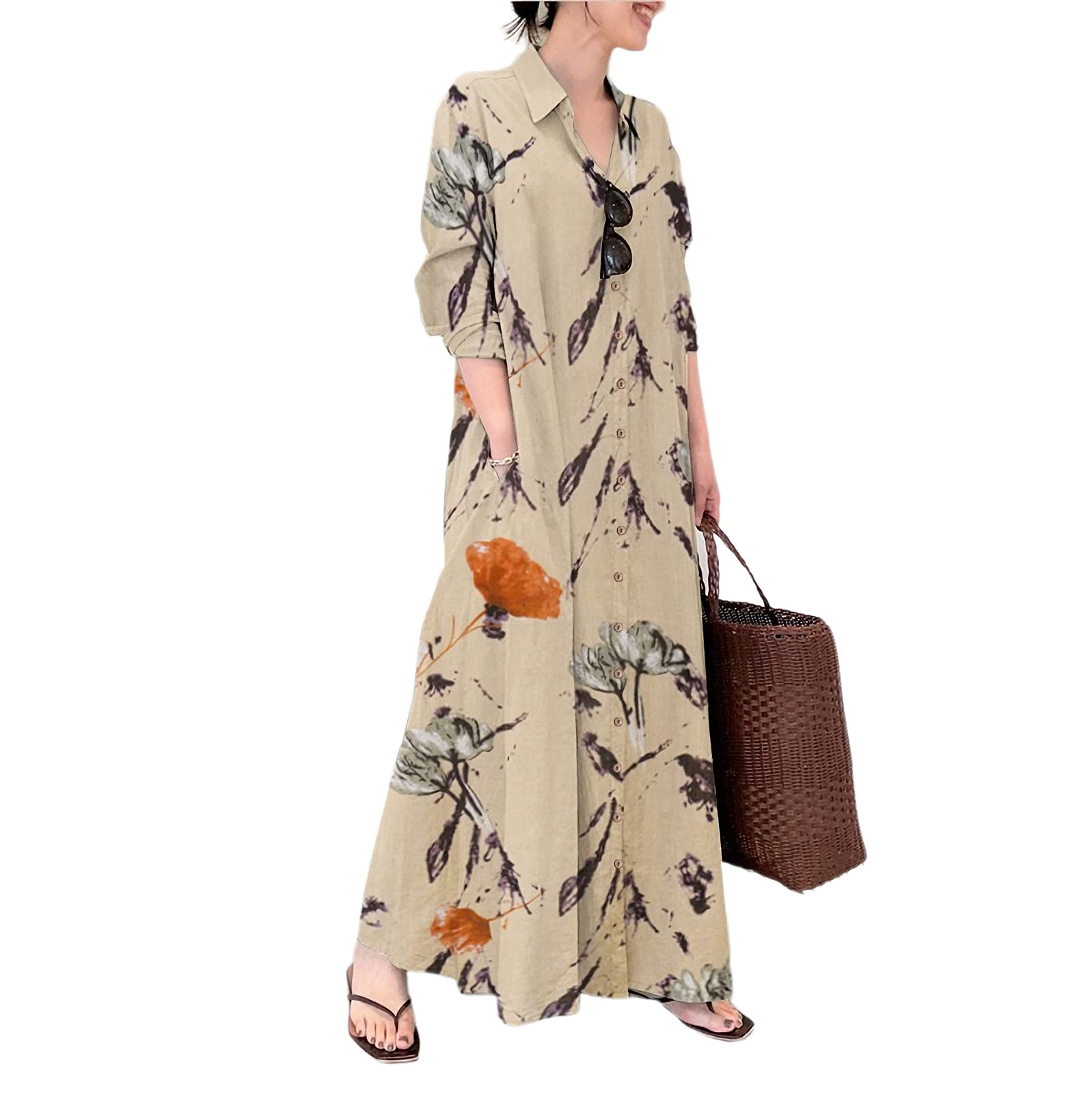 

Cotton Loose Long Shirt Long Plus Solid Printed Long Dress [JINJUDUO] Dress, Sleeve, Size, Lightweight, Color, (Creamy White, XXL)