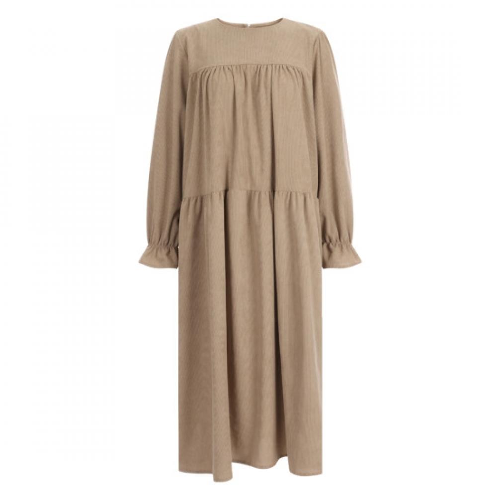 Shop Women Round Neck 3 Tier Ruffle Suede Corduroy Long Dress Beige Pic Wdr 20