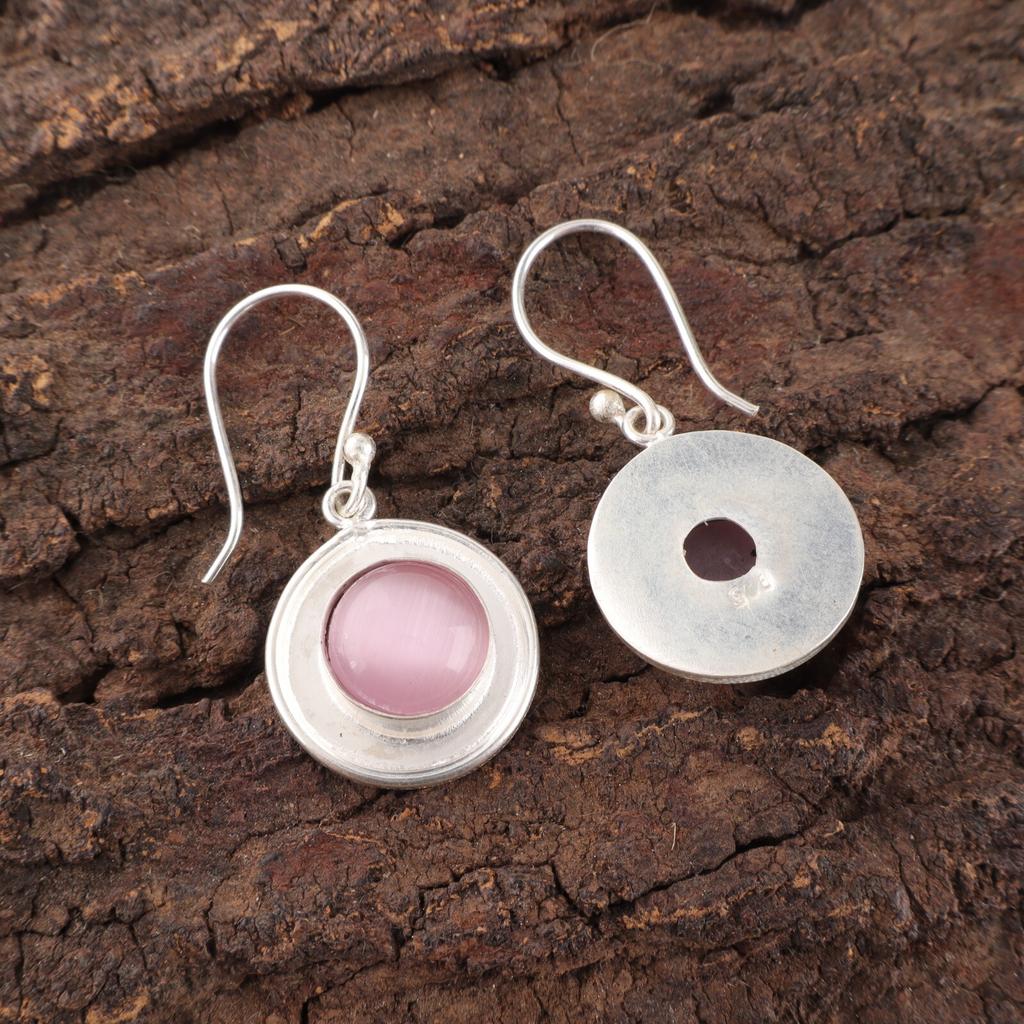 Round Pink Cat's Eye 925 Stamped Silver Gemstone Jewelry Handmade Earrings 1.40" EE-4-49