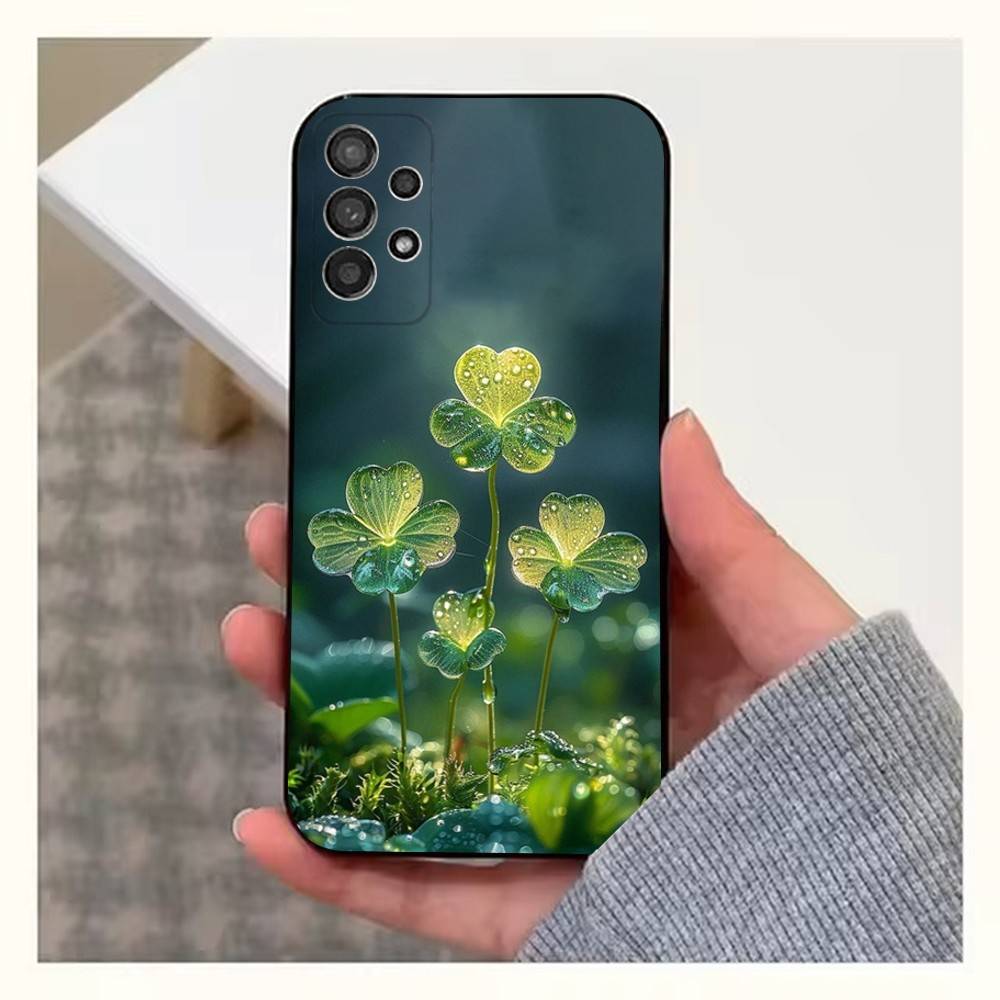 Clover Plant Four Leaf Case For Samsung S21,S20,S10,Plus,S9,S22,S25,Ultra,S24,S23,FE,Lite,Soft Silicone Black