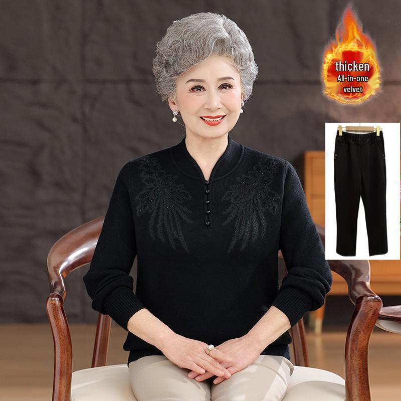 Cozy Winter Sweater for Elderly Women: Velvet-Lined, Half-High Collar, Stylish Base Layer for Autumn.