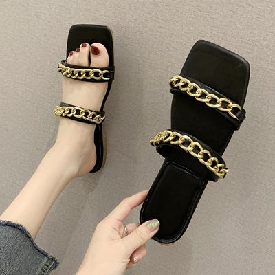 Chain Women Flats Slippers Designer Sandals New Square Toe Shoes Slingback Ladies Slides Summer Casual Women Flip -Flops