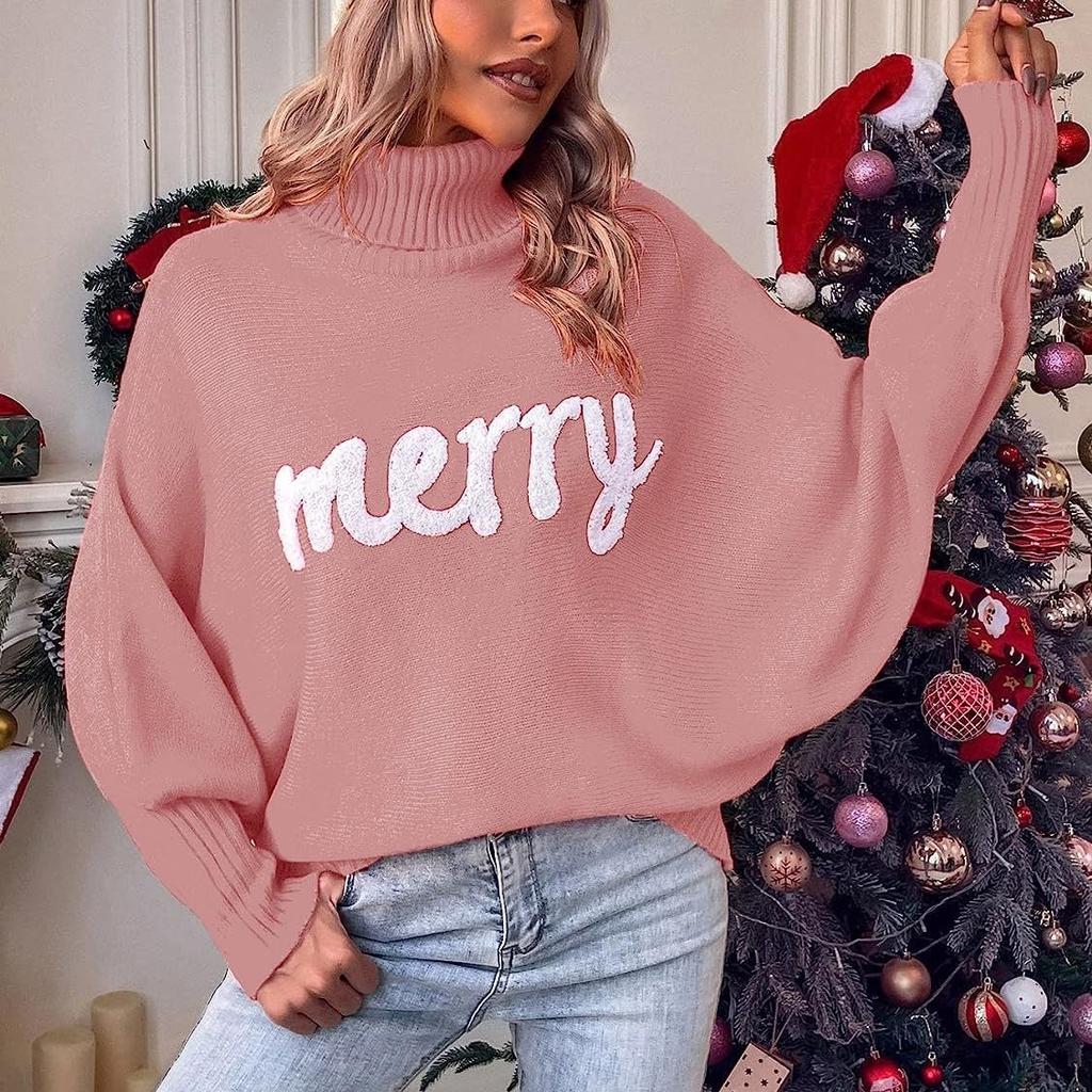 GMXIA Christmas Turtleneck Women's Autumn Winter Loose Bat-sleeve Wear Knit Top Women