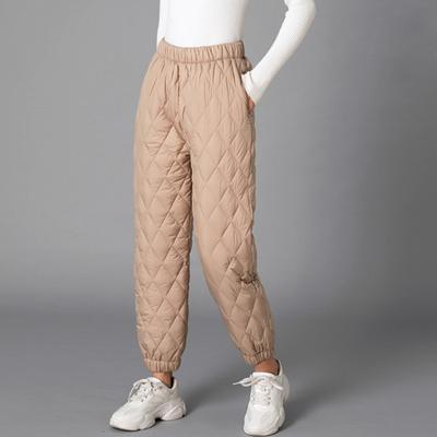 Women Winter Pants Elastic High Waist Quilted Pants Diamond-shaped Texture Design Thickened Warm Sweatpants