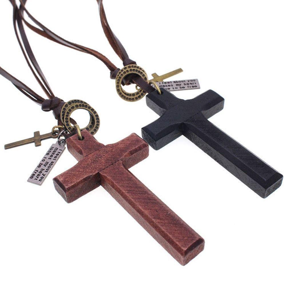 Religious Handmade Cross Necklace Metal Tags Crucifix Pendant Chain Wood Cross Necklace  Church