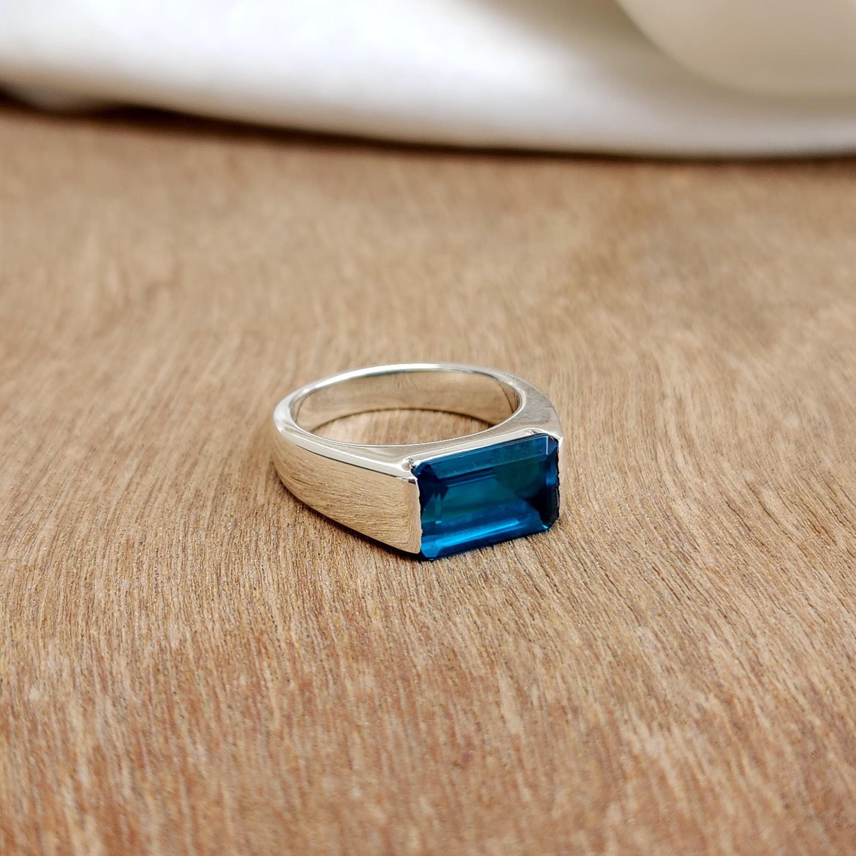 

Emerald Cut Neon Blue Tourmaline 925 Sterling Silver Ring Jewelry, Handmade Blue Tourmaline Ring 10