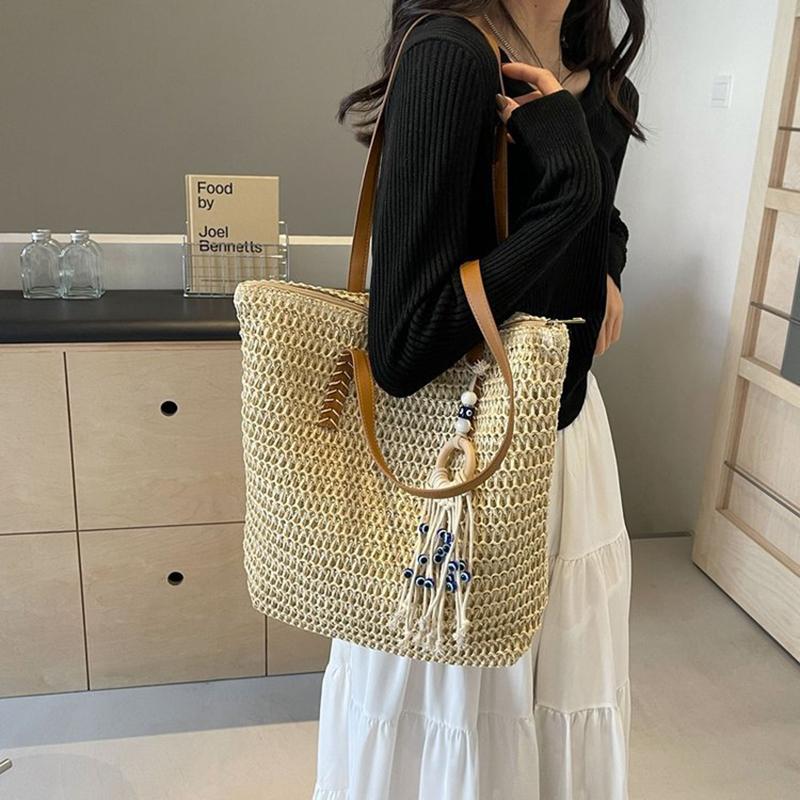 Yogodlns Dámská háčkovaná plážová kabelka s třásněmi, pletená cestovní kabelka, zapínání na zip, retro slámová kabelka, dámská letní taška pro každý den