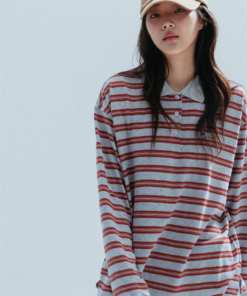 ANNEHEARTS Wide Stripe Collar Polo Tee_Gray