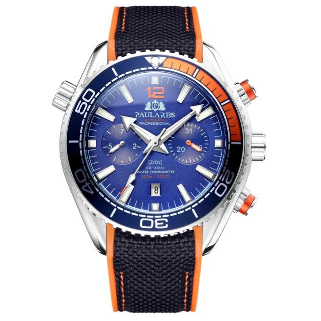 PAULAREIS Masculino Automático Auto Vento Mecânico Pulseira de Borracha de Lona Laranja Azul Vermelho Multifuncional Data Mês Relógio