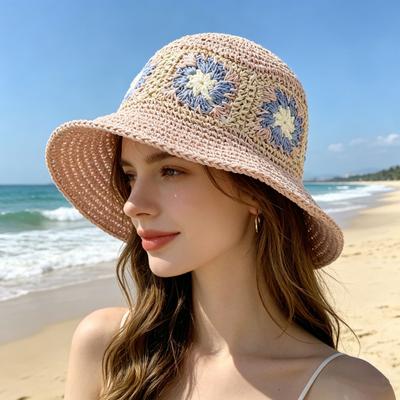 Straw Hat Bohemian Floral Pattern Foldable Beach Hat Wide Brim Hollow Design Bucket Hat Breathable Summer Accessory