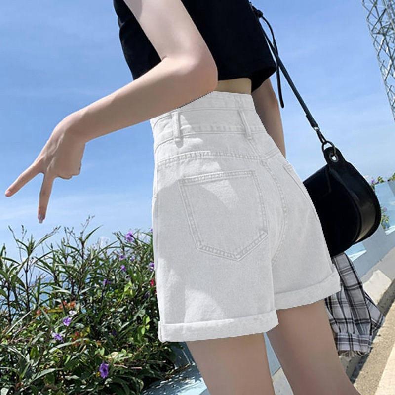 White High Waisted Denim Shorts for Women's Summer Loose A-line Shorts with Rolled Edges Denim Shorts