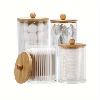 4 Pièces Distributeur Porte-cotons-tiges - 10 oz, 12 oz Organisateurs de salle de bain Récipients de rangement, Bocaux d'apothicaire en plastique transparent avec couvercle en bois