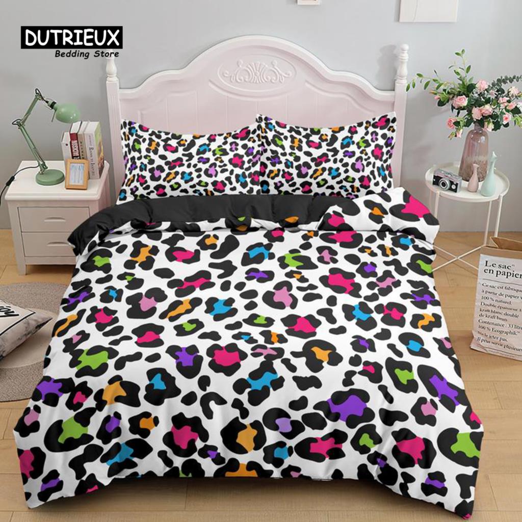 Colorful Leopard Print Bedding Set Microfiber Animal Skin Pattern Print Duvet Cover For Teens Adults Pillowcases Bedroom Decor