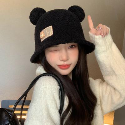 New Autumn and Winter Hat for Women In Winter Warm Fisherman Hat Big Head Circumference Cute Label Bear Ear Plush Hat
