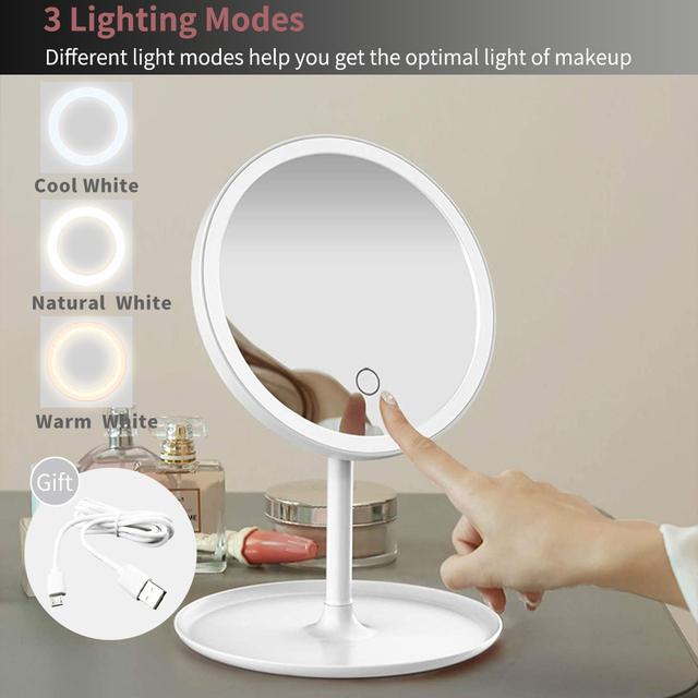 LED Makeup Mirror With Light Lamp With Storage Desktop Rotating Cosmetic Mirror Light Adjustable Dimming USB Vanity Mirror