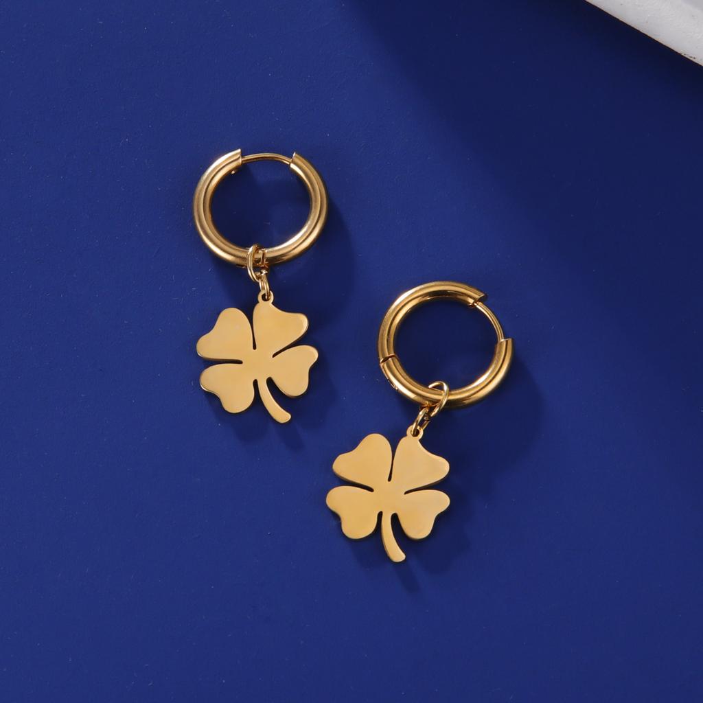 Women Lucky Four-leaf Clover Pendant Drop Earrings Stainless Steel Gold Hoop Earrings Kpop Wedding Jewelry Gift