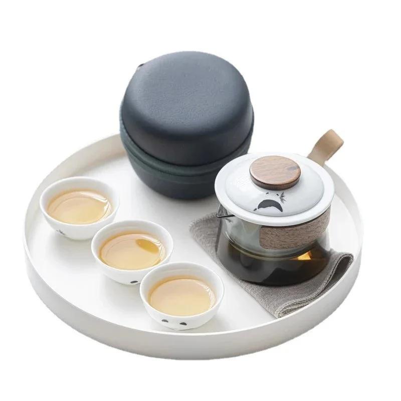 Travel Tea Set Kit 1 Teapot 3 Cups Portable Outdoor Camping Teapot and Tea Cup with Bag Teaware Sets Household Making Tea Tool