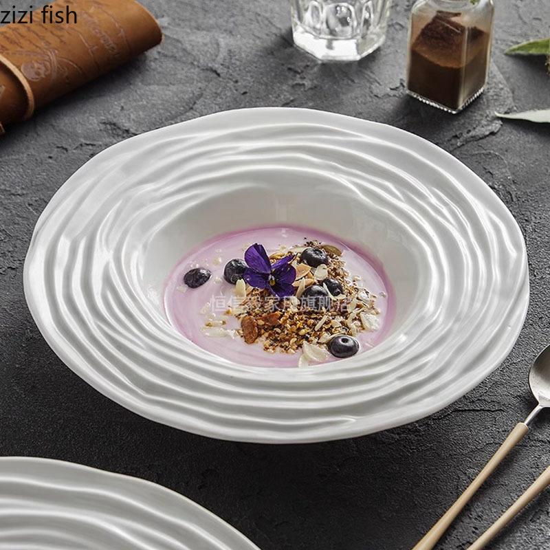 Pure White Ceramic Water Wave Pattern Deep Plate Salad Plate Dessert Plate Pasta Plates Molecular Cuisine Specialty Tableware