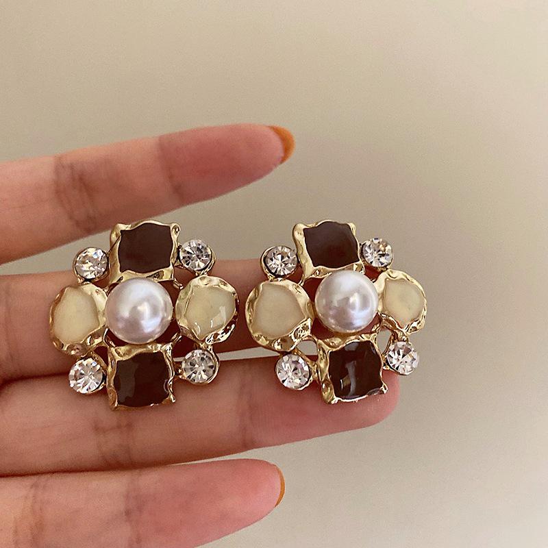 Vintage Silver Needle Diamond Pearl Drop Earrings - Light Luxury & Elegant Style