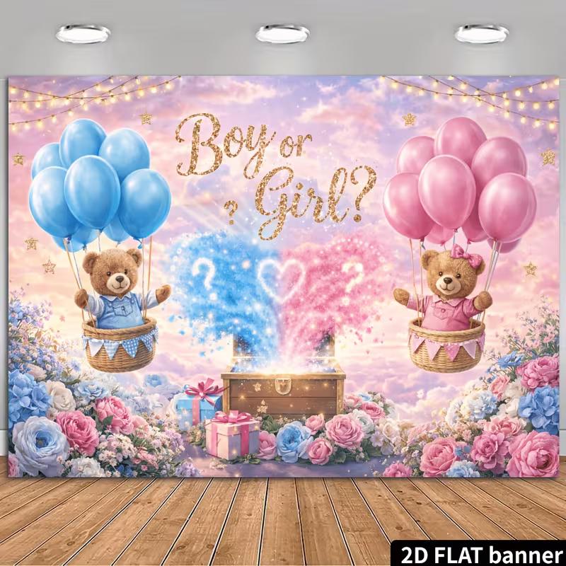 2D Baby Shower Banner Backdrop, 2D Flat Printing Blue Pink Bear Party Background