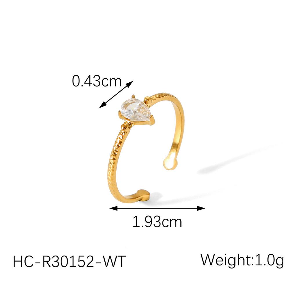 French Light Luxury 18K Gold Plated Stainless Steel Zircon Inlaid Retro High-end Teardrop Hammered Open Ring for Women