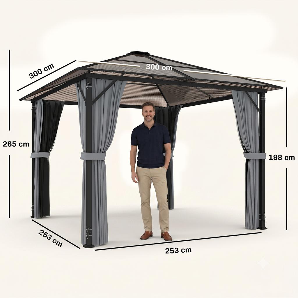 Pavilion With Polycarbonate Roof Curtains With Fly Screen Aluminum Frame Dark Gray 3 X 3 M