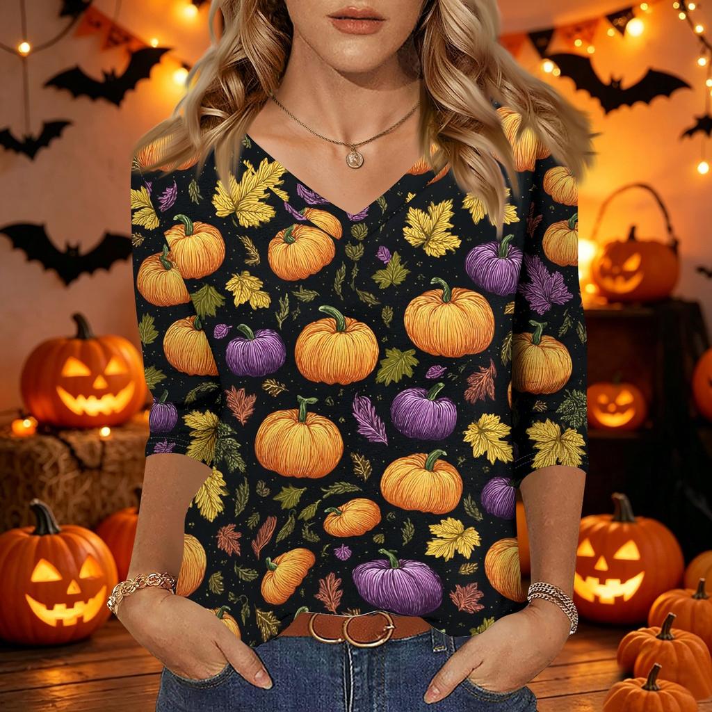 Damen Halloween Print V-Ausschnitt 3/4 Ärmel Lässiges Oberteil Leichter Weicher Stoff Lockere Passform Pulloverhemd für Saisonale Kleidung