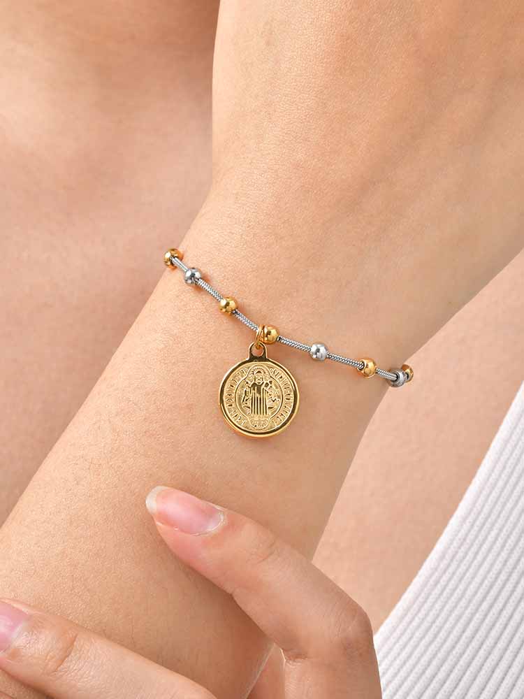 Edelstahl St. Benediktusmedaille Perlenkettenarmband Vergoldet Religiöses Kreuz Katholischer Schmuck Anlaufgeschützt Taufe Geschenk