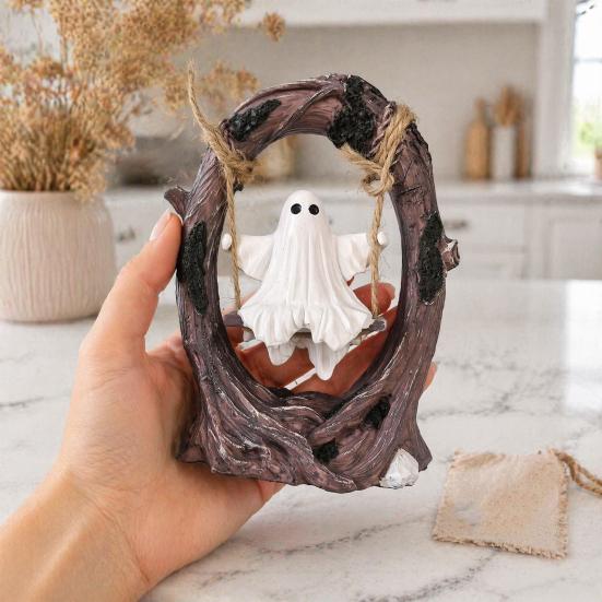 Vintage Tree Swing Ghost Statue On Halloween Decor, Resin Spooky Figurine with Cute And Desktop Decoration Base, Festive Party Tabletop Ornament,