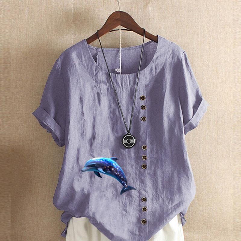 Women's Fashion Round Neck Short Sleeve T-shirt Casual Cotton Linen Graphic Shirt Dolphin Prined Summer Blouse Tops Plus Size