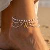 Beach Vacation Layered Pearl Starfish Anklet for Women Boho Gold Tone Multi Strand Summer Ocean Ankle Bracelet Jewelry