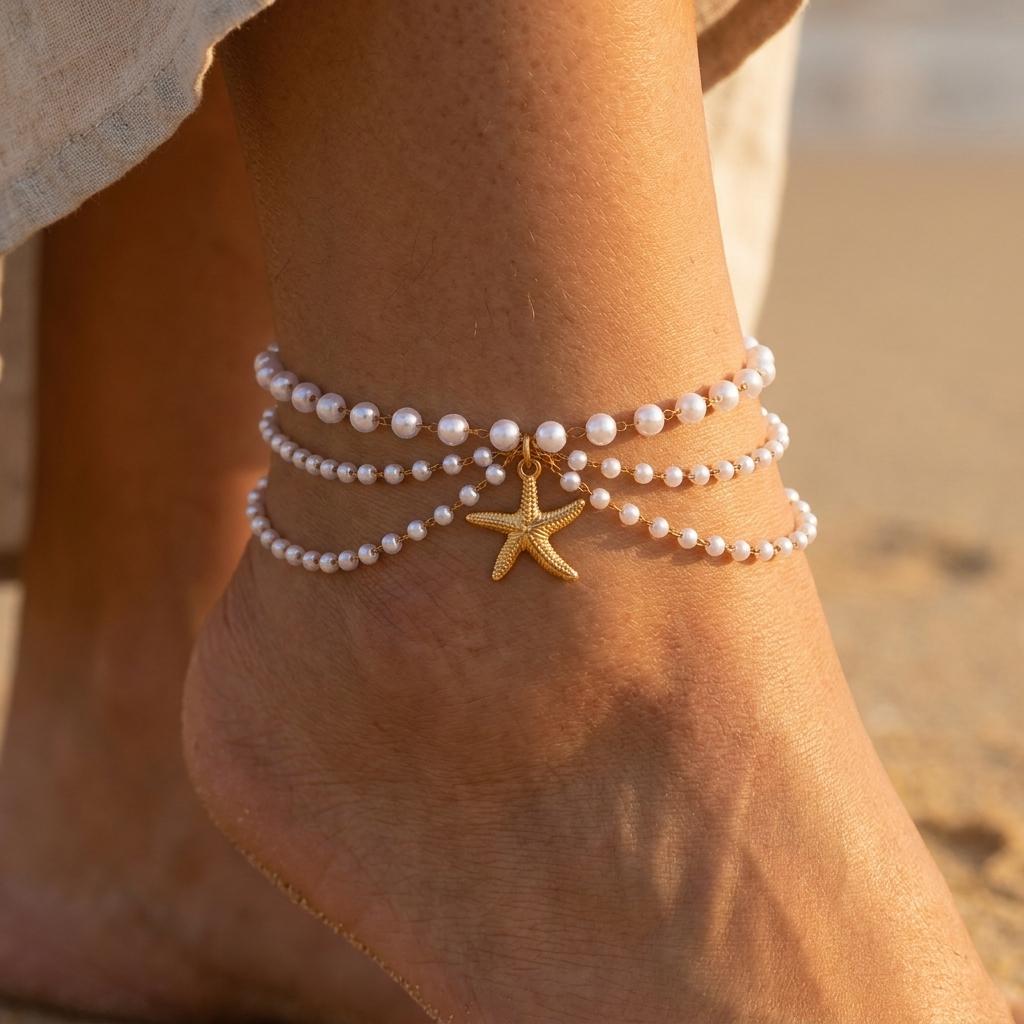 Beach Vacation Layered Pearl Starfish Anklet for Women Boho Gold Tone Multi Strand Summer Ocean Ankle Bracelet Jewelry