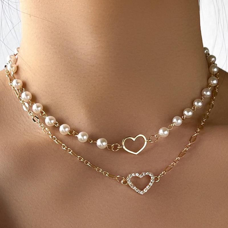 

Women Layered Pearl Hollow Heart Rhinestone Choker Necklace 1pcs белый