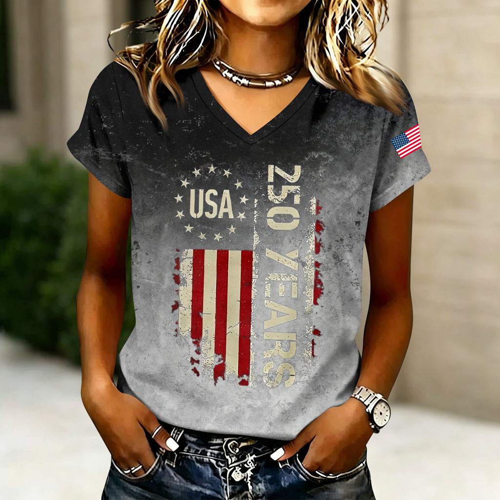 Women’s V Neck Short Sleeve Casual Letter Print T Shirt Top with USA 250 Years Graphic for Everyday Wear
