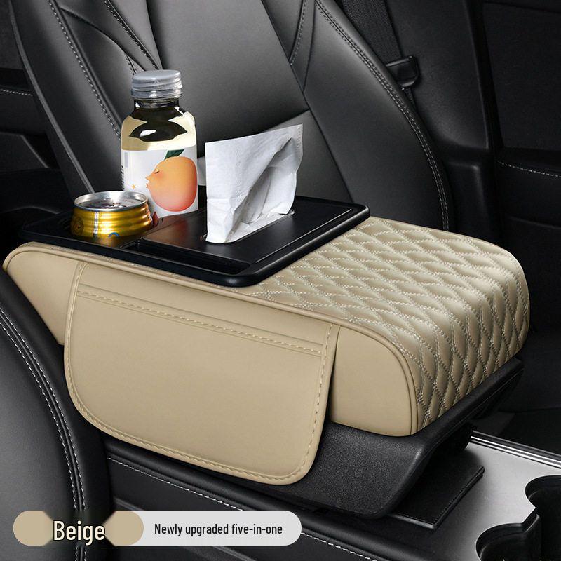 5-in-1 Leather Car Armrest Cushion with Storage & Tissue Holder