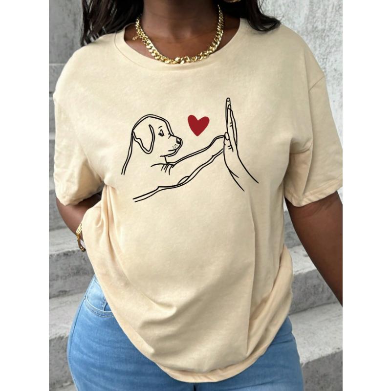 Women's Casual Round Neck Short Sleeve T-Shirt With Dog And Heart Print Pattern