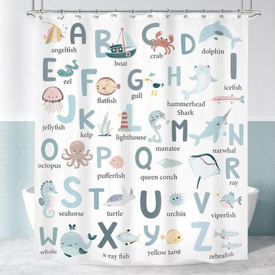 Kids Shower Curtain Cute Cartoon Alphabet ABC Sea Animal Blue Educational Ocean Bathroom Curtain Set Baby Boys Girls BathCurta