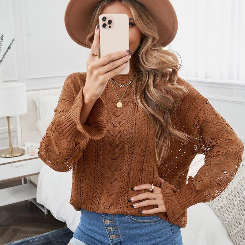 

Fall and Winter Loose plus Size Crew Neck Cut Out Knitting Sweater Brown M large size 1 (55.00 kg-62.50 kg