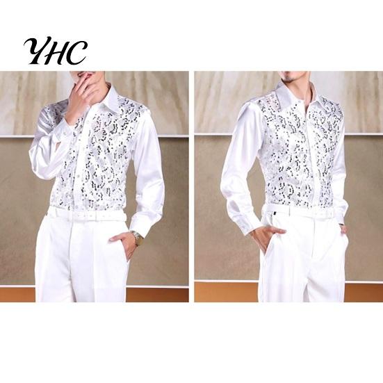 Sequin Embellished Men Shirt Luxury Sequins Performance Lapel Long Sleeve Single-Breasted Lightweight Wedding Stage Slim Fit Formal Casual Tops