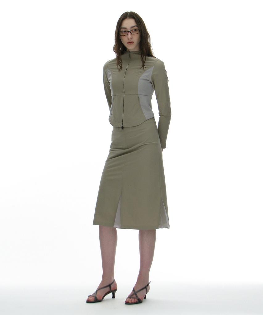 Partimento Woman Mesh Layer Gored Midi Skirt_Light Khaki