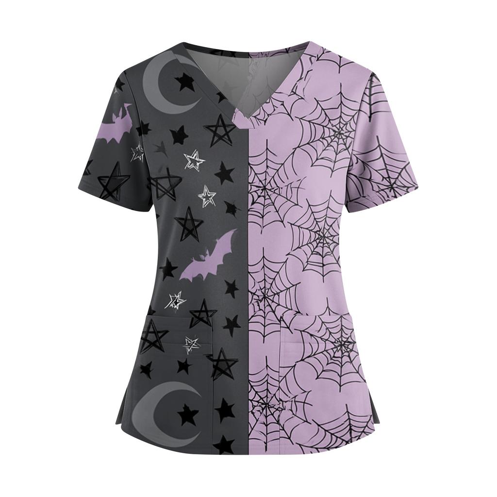 Women's V Neck Casual Halloween Print Top for Caregivers Short Sleeve Comfortable Fit Lightweight Fabric Workwear