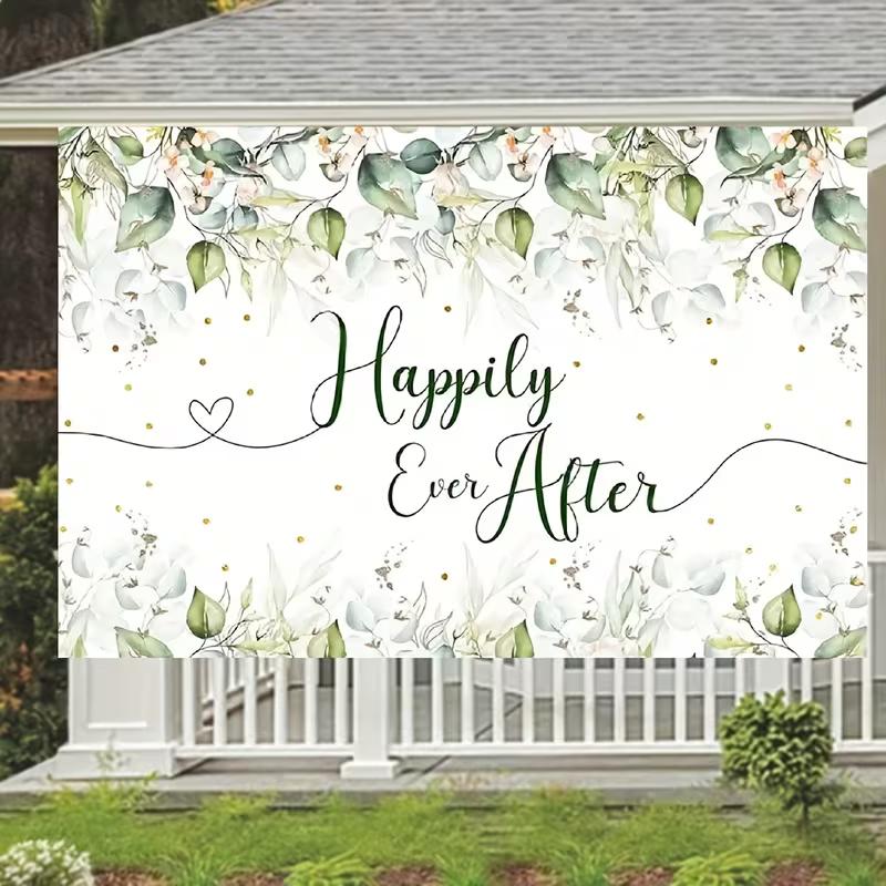 

2D Happily Ever After Backdrop Green Eucalyptus Wedding Photo Booth Prop 47.2x31.5inch/120*80cm