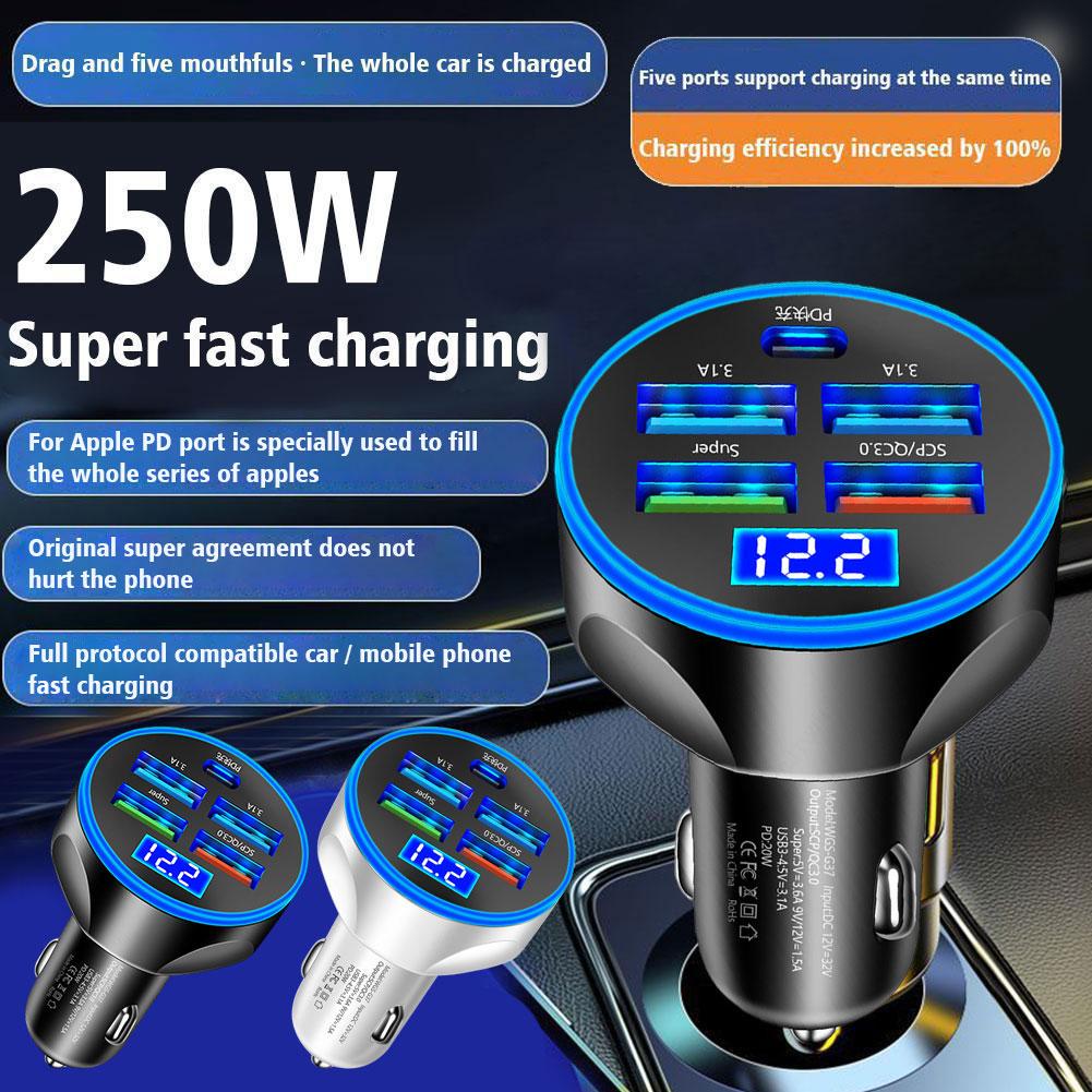 4 Port USB LED Display Car Charger Type C PD 250W Fast Charging Adapter For Samsung IPhone Note Multi-port Car Charg Z8O2
