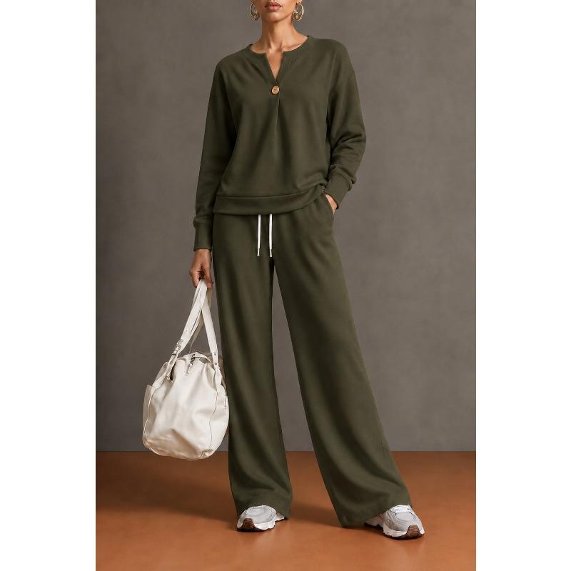 Damen Zweiteiliges Set Langarm-Sweatshirt und Weite Hosen Einfarbig Lässig