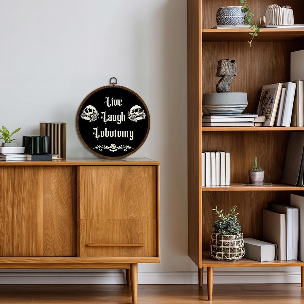 KLYTINK Gothic Skull Round Wall Art,Dark Humor-Live Laugh Lobotomy-Canvas Hanging Decor, Punk Rock Alternative Quote Sign for Bedroom, Office, Dorm