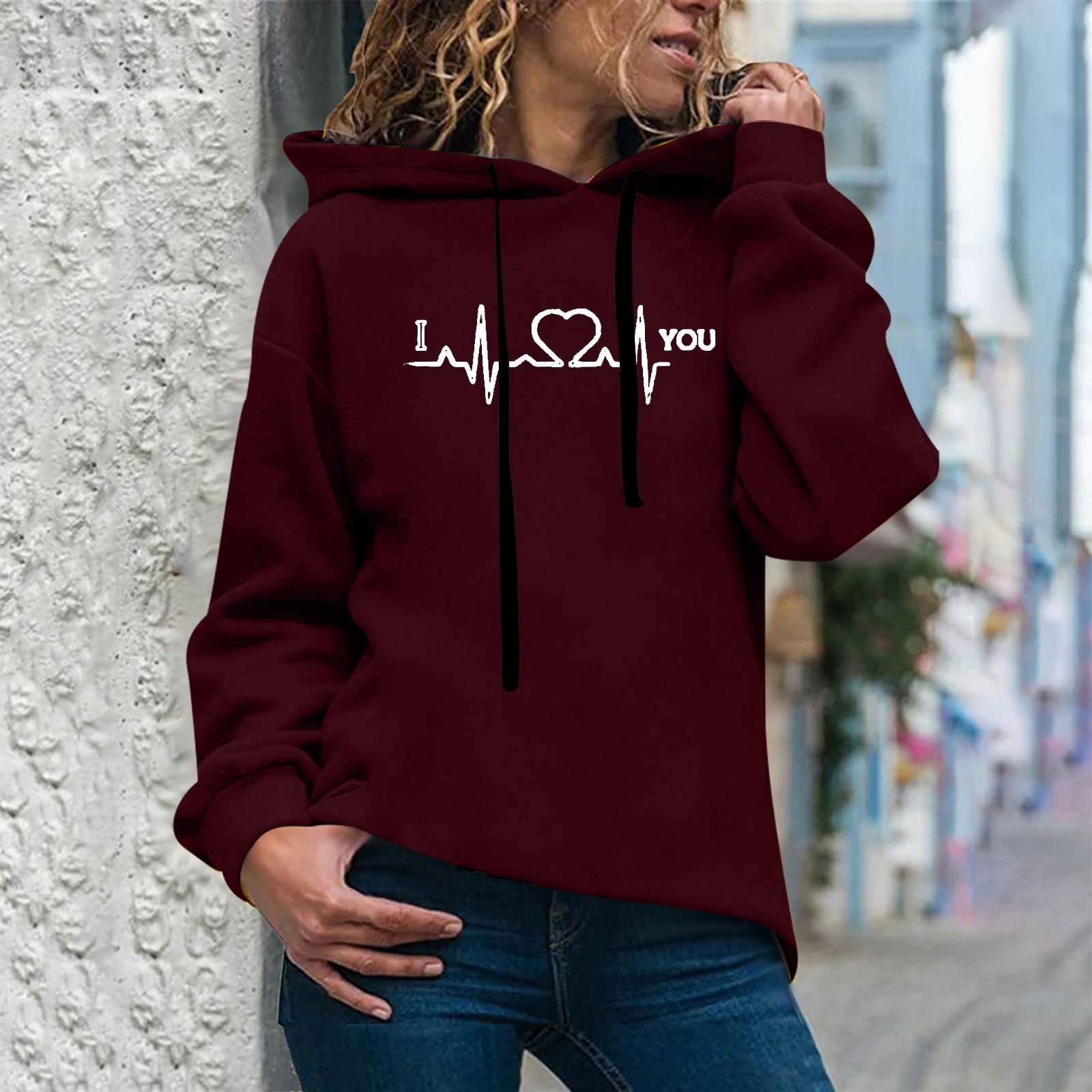 Women s Fashion Casual Fun Print Hooded Sweatshirt Loose Sports Tops Pullover S винный
