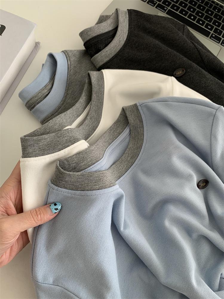 Women's Premium Color Block Round Neck Long Sleeve Fleece T-shirt - Autumn/Winter Imitation Cashmere Base Layer