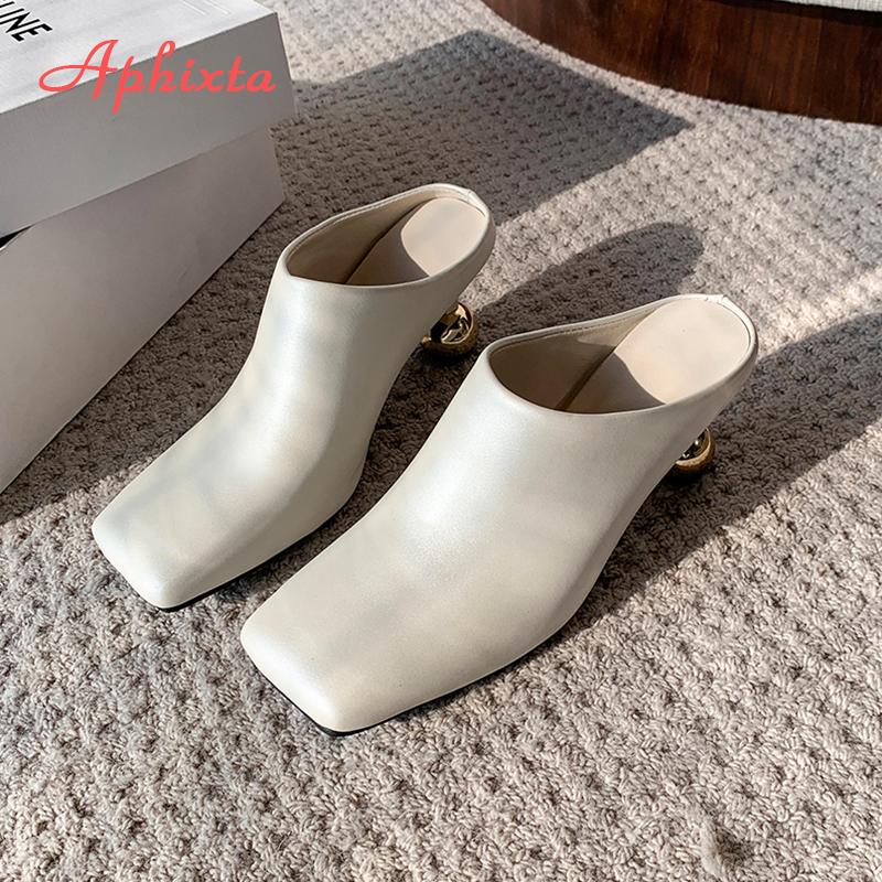Fashion Aphixta 6.5cm High Heels Elegant Women Slides Square Toe Shallow Summer Dress Slides Sexy Metal Strange Style Heels Shoes Size42