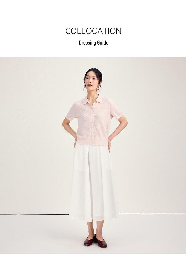 Women's Short Sleeve French POLO Collar Diamond Jacquard Knit Top - 54.7% Wool, 45.3% Linen
